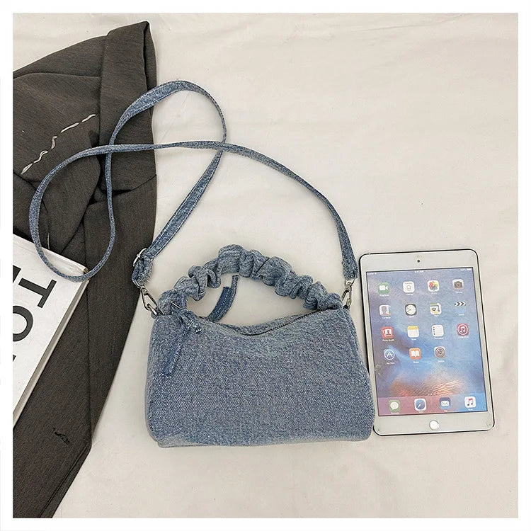 Korean Style Wrinkled Denim Crossbody - Versatile Shoulder Bag