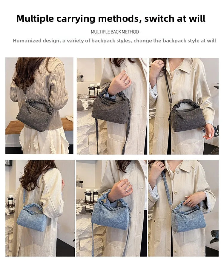 Korean Style Wrinkled Denim Crossbody - Versatile Shoulder Bag