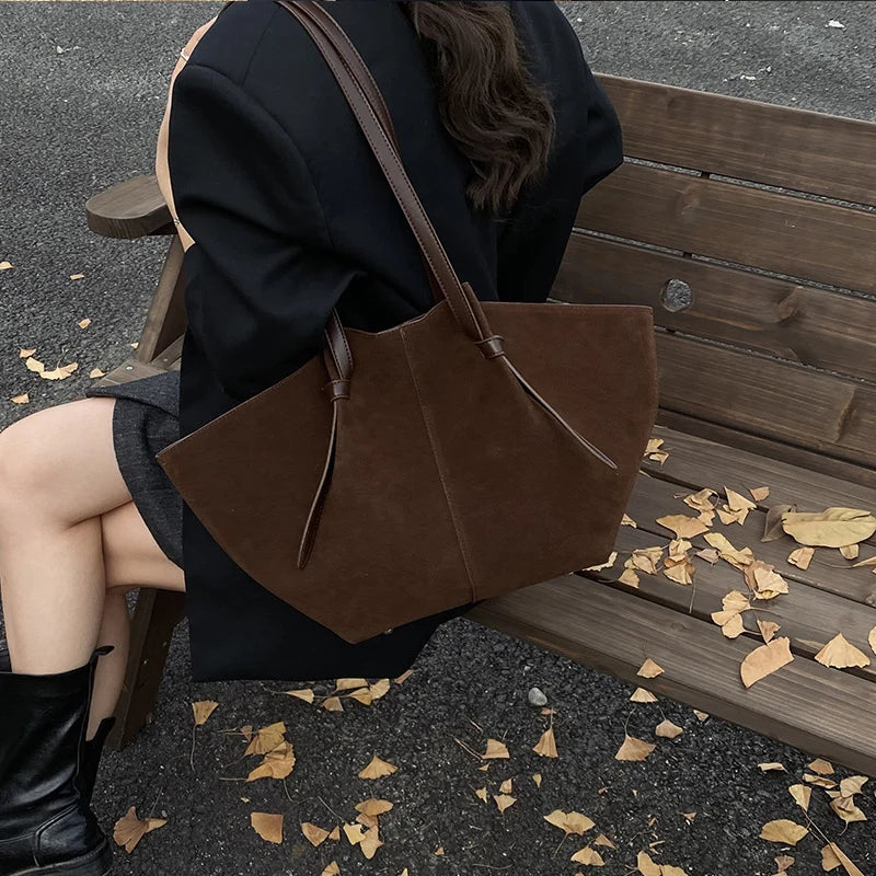 Oversized Faux Suede Winged Tote - Chic Frosted Shoulder Bag