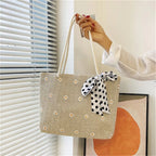 Large Capacity Straw Tote Bag with Silk Scarf Detail