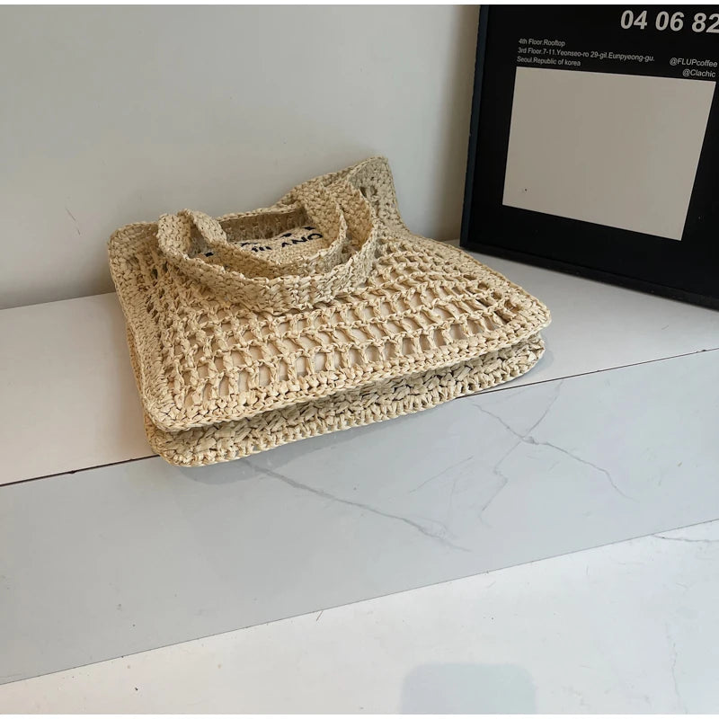 Paris Fashion Straw Tote Set - Khaki Large Capacity Bag