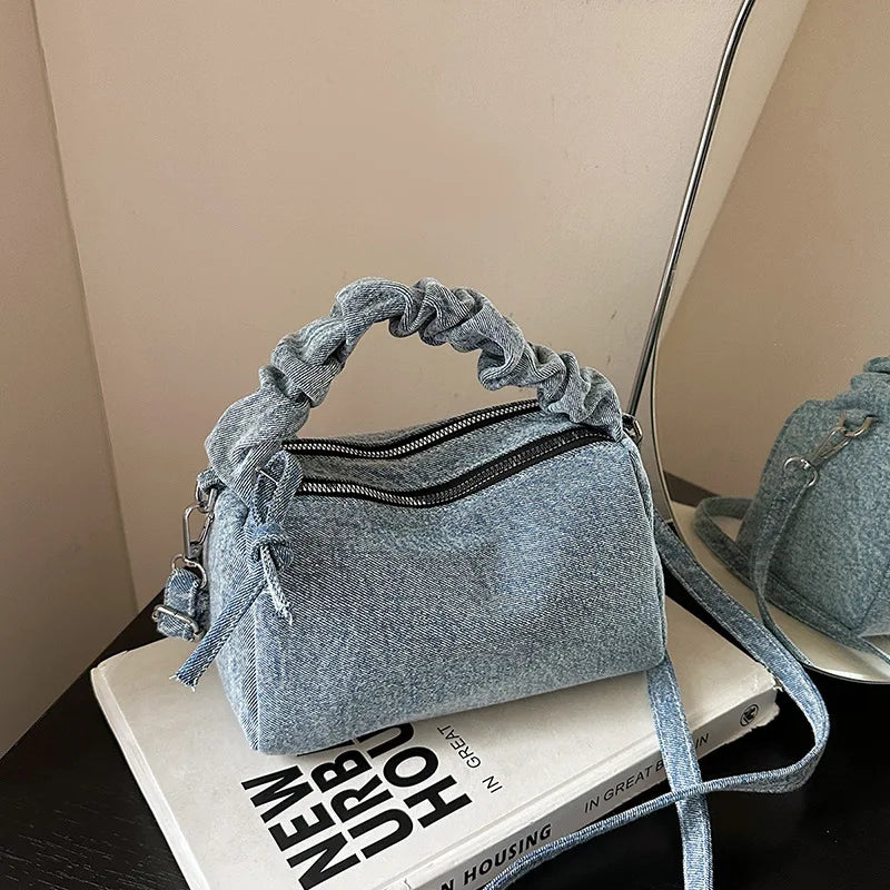 Korean Style Wrinkled Denim Crossbody - Versatile Shoulder Bag