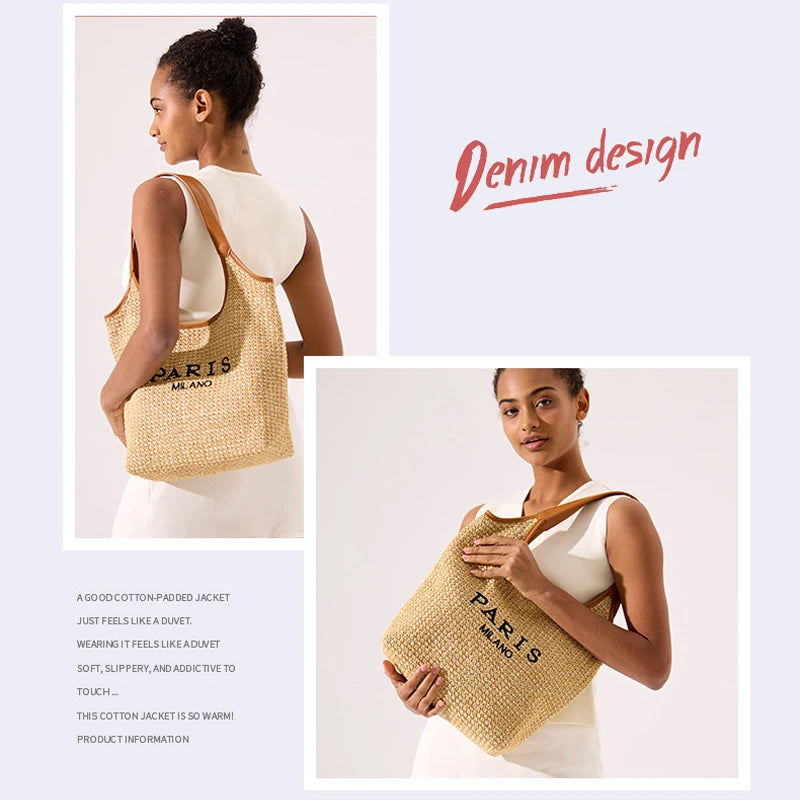 Paris Fashion Straw Tote Set - Khaki Large Capacity Bag
