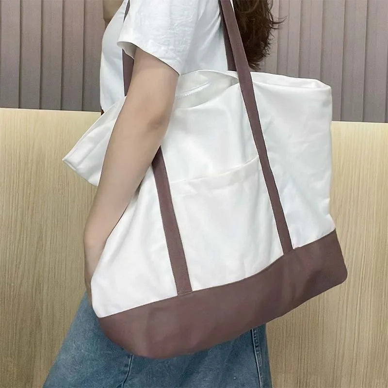 Large Capacity Color Block Canvas Tote with Custom Logo