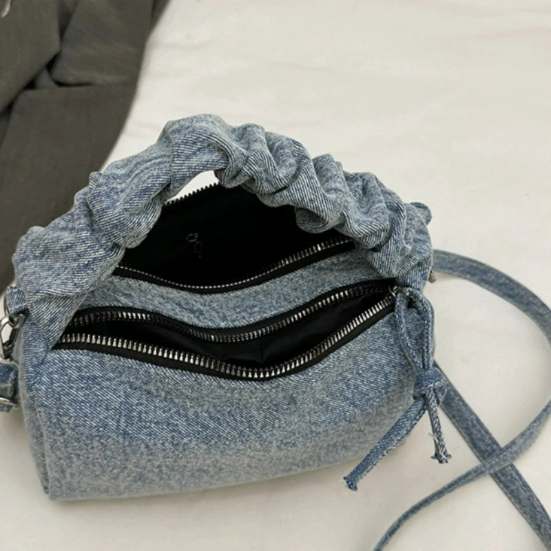 Korean Style Wrinkled Denim Crossbody - Versatile Shoulder Bag