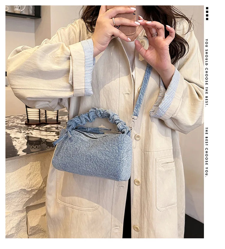 Korean Style Wrinkled Denim Crossbody - Versatile Shoulder Bag