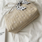 Large Capacity Straw Tote Bag with Silk Scarf Detail