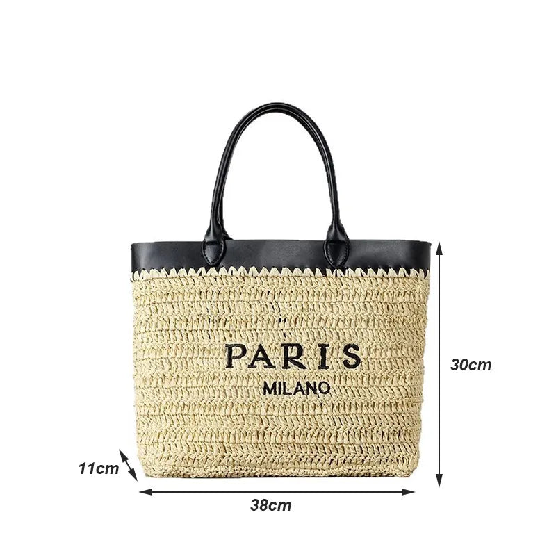 Paris Fashion Straw Tote Set - Khaki Large Capacity Bag