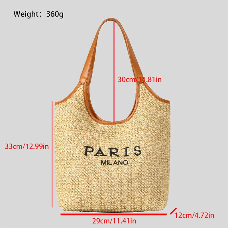 Paris Fashion Straw Tote Set - Khaki Large Capacity Bag