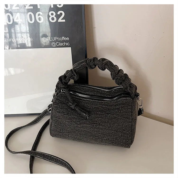 Korean Style Wrinkled Denim Crossbody - Versatile Shoulder Bag