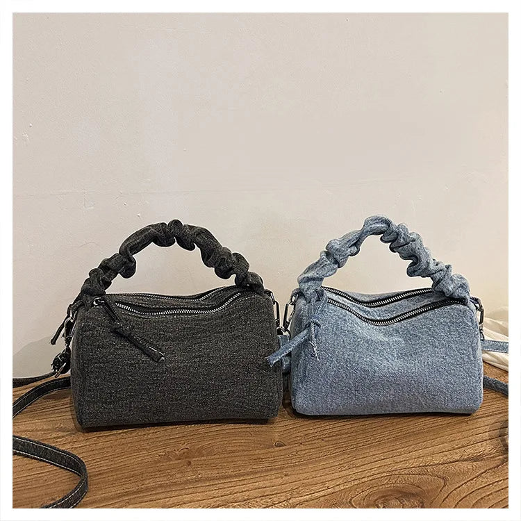Korean Style Wrinkled Denim Crossbody - Versatile Shoulder Bag