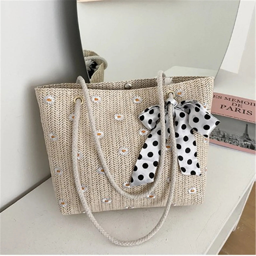 Large Capacity Straw Tote Bag with Silk Scarf Detail