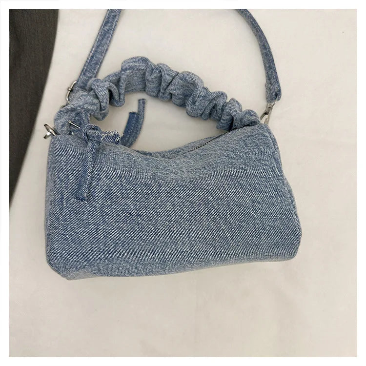 Korean Style Wrinkled Denim Crossbody - Versatile Shoulder Bag