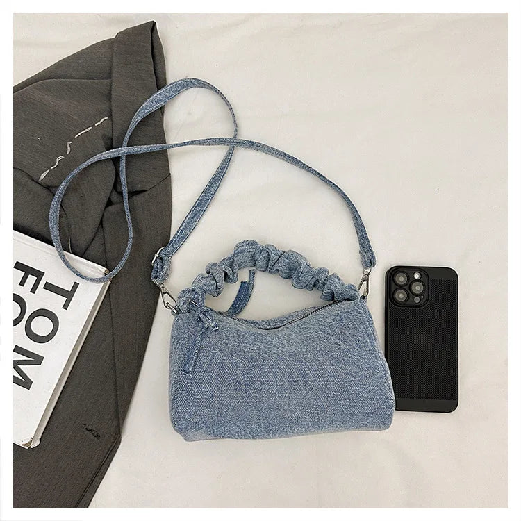 Korean Style Wrinkled Denim Crossbody - Versatile Shoulder Bag
