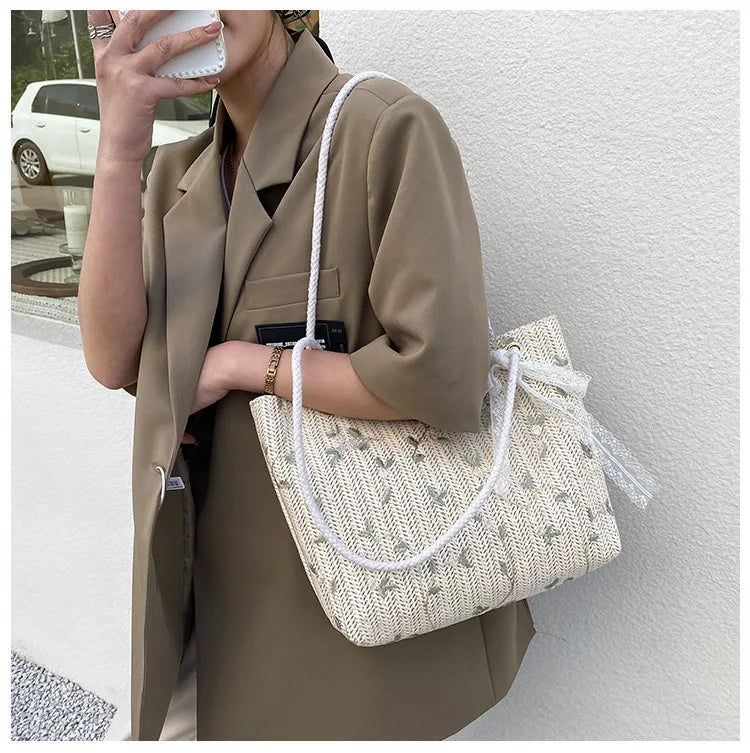Floral Embroidery Lace Straw Bag - Large Summer Tote