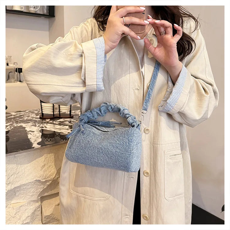 Korean Style Wrinkled Denim Crossbody - Versatile Shoulder Bag