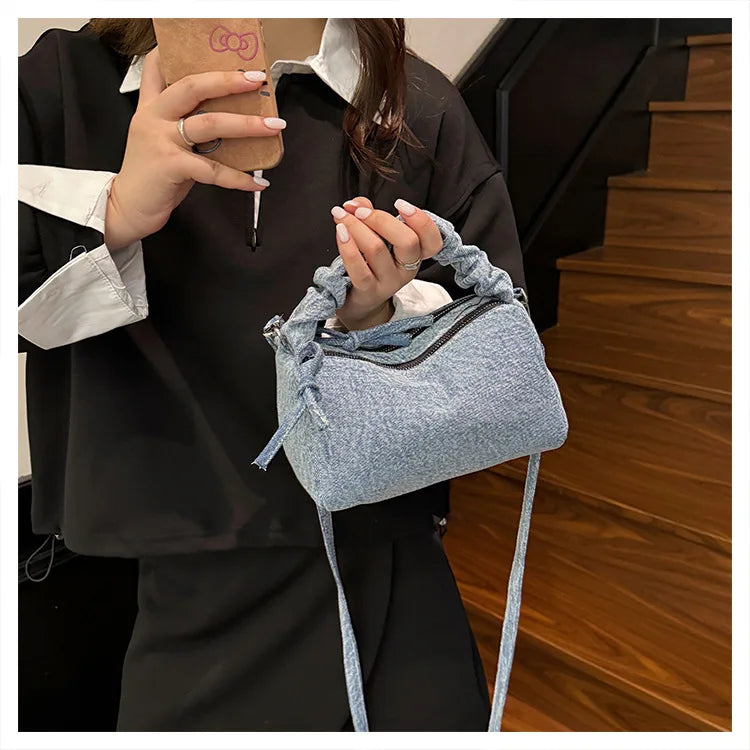 Korean Style Wrinkled Denim Crossbody - Versatile Shoulder Bag