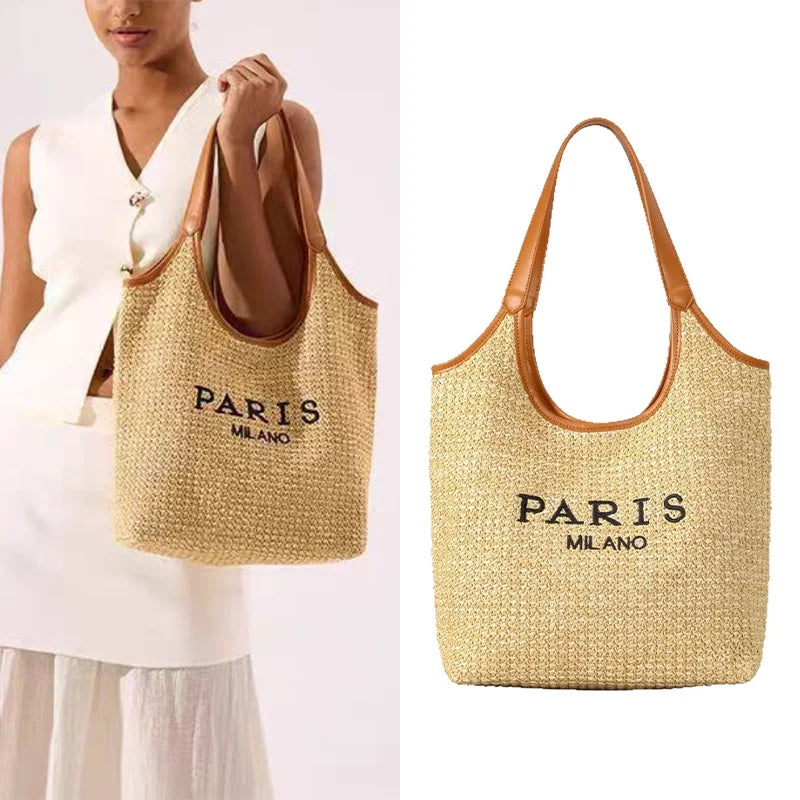 Paris Fashion Straw Tote Set - Khaki Large Capacity Bag