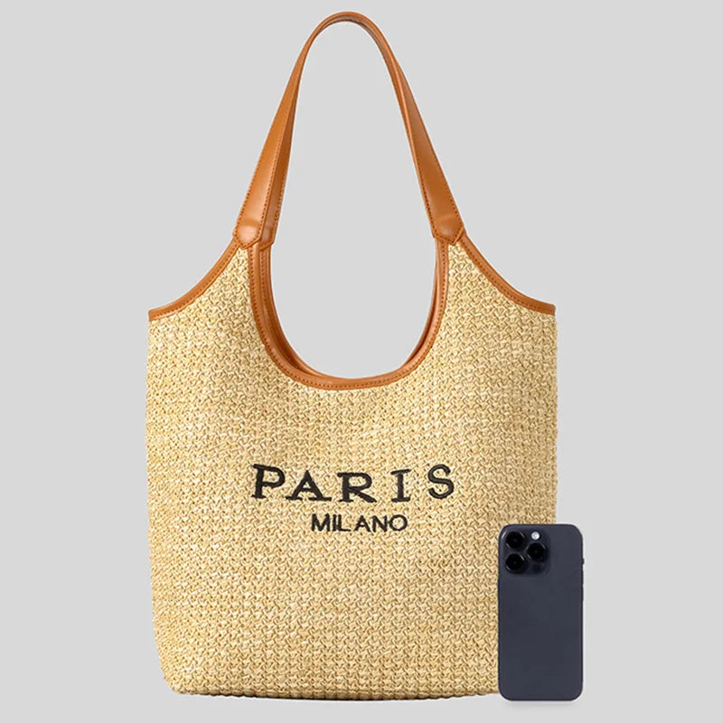 Paris Fashion Straw Tote Set - Khaki Large Capacity Bag