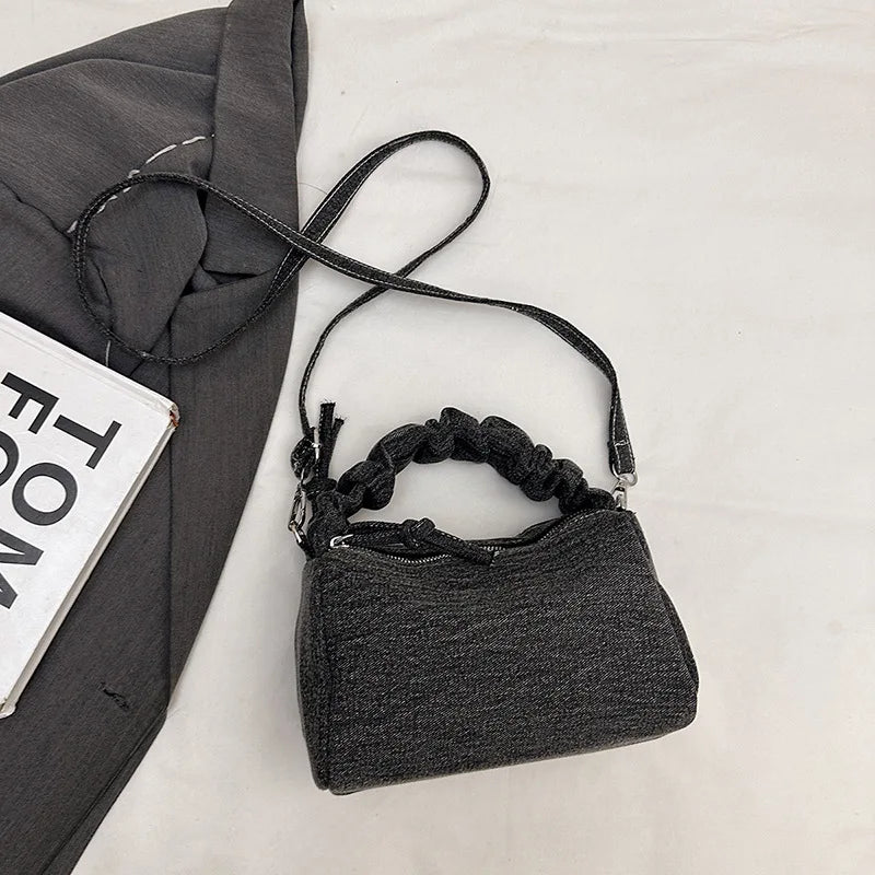 Korean Style Wrinkled Denim Crossbody - Versatile Shoulder Bag