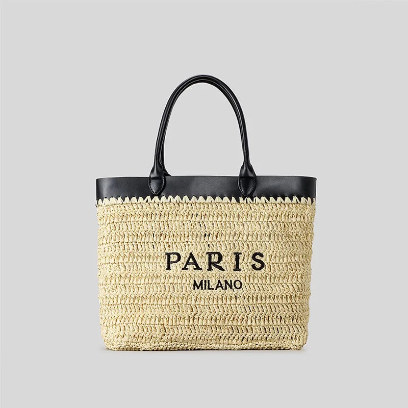 Paris Fashion Straw Tote Set - Khaki Large Capacity Bag