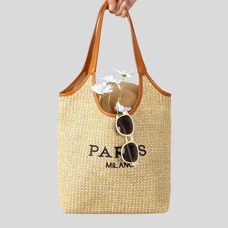 Paris Fashion Straw Tote Set - Khaki Large Capacity Bag