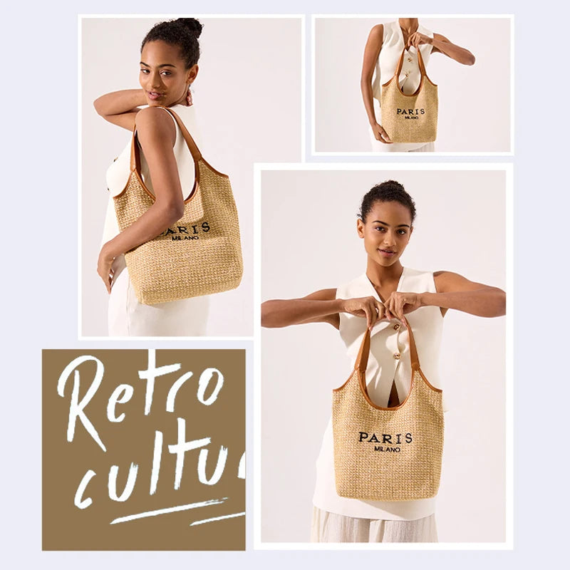 Paris Fashion Straw Tote Set - Khaki Large Capacity Bag