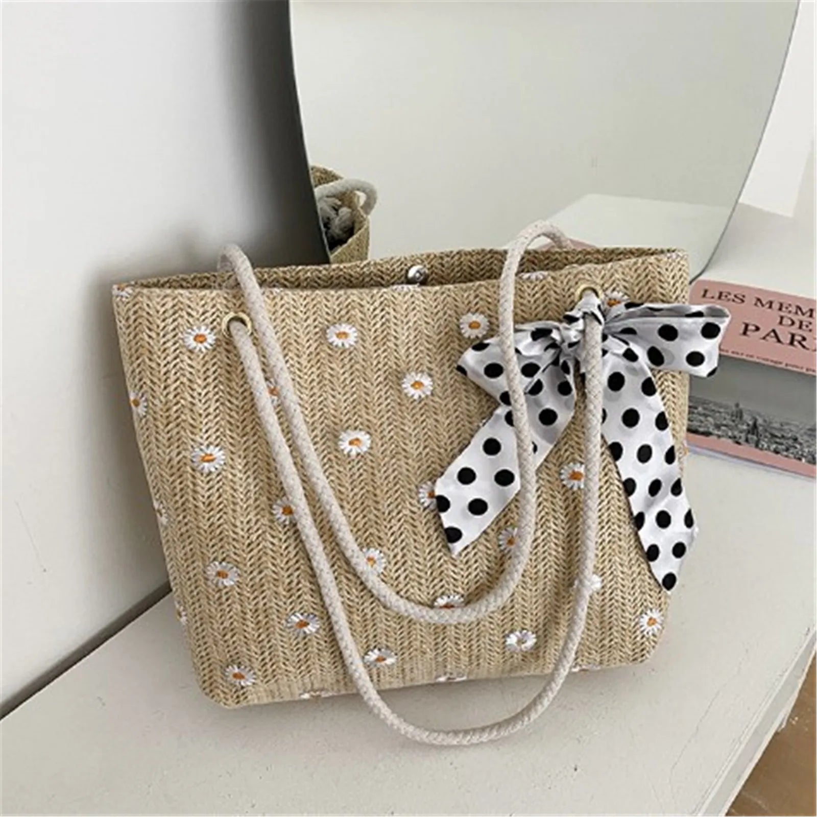 Floral Embroidery Lace Straw Bag - Large Summer Tote