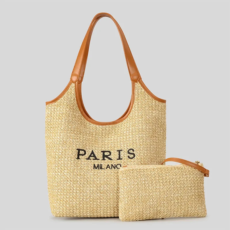 Paris Fashion Straw Tote Set - Khaki Large Capacity Bag