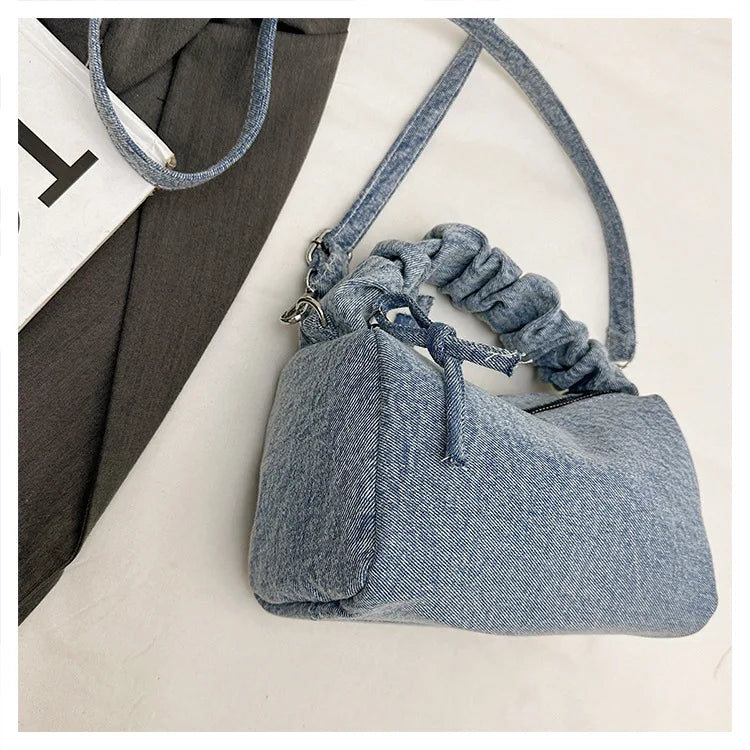 Korean Style Wrinkled Denim Crossbody - Versatile Shoulder Bag