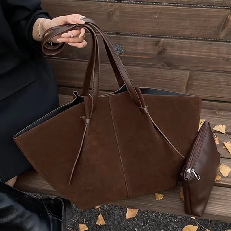 Oversized Faux Suede Winged Tote - Chic Frosted Shoulder Bag