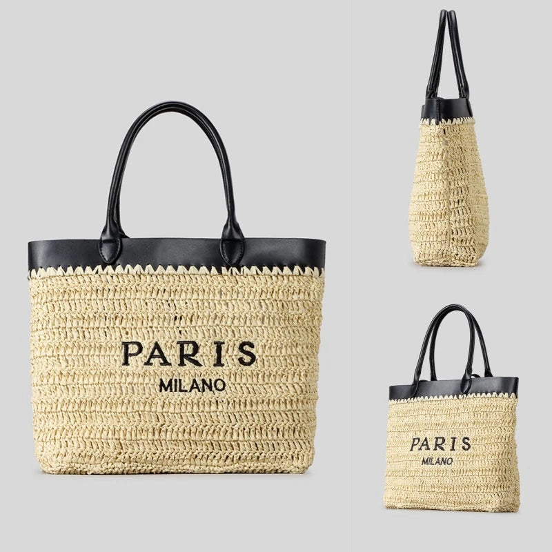 Paris Fashion Straw Tote Set - Khaki Large Capacity Bag