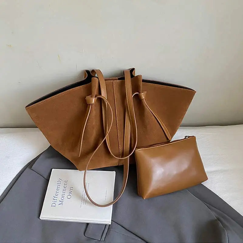 Oversized Faux Suede Winged Tote - Chic Frosted Shoulder Bag