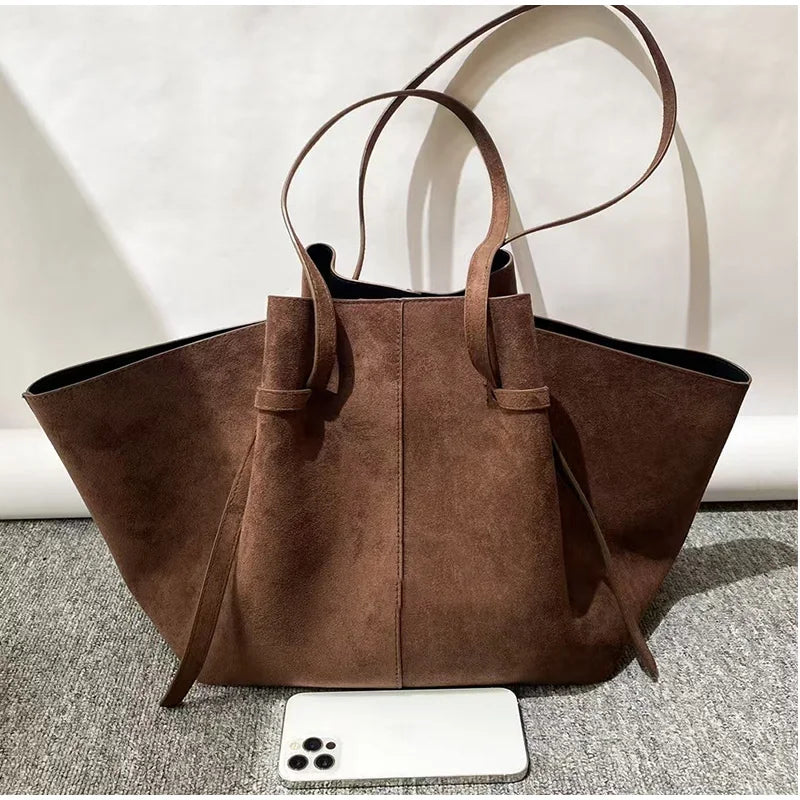 Oversized Faux Suede Winged Tote - Chic Frosted Shoulder Bag