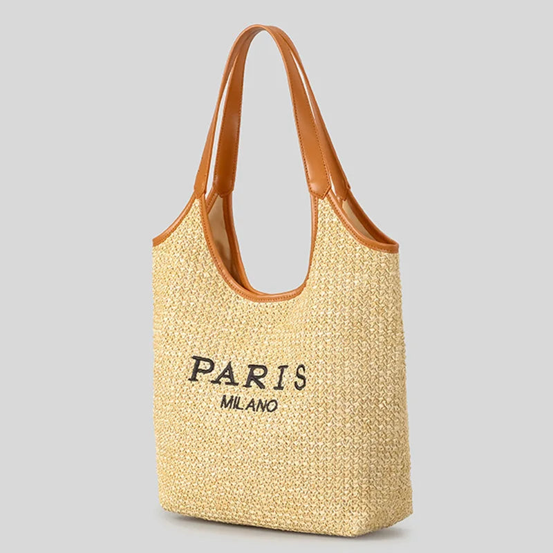 Paris Fashion Straw Tote Set - Khaki Large Capacity Bag