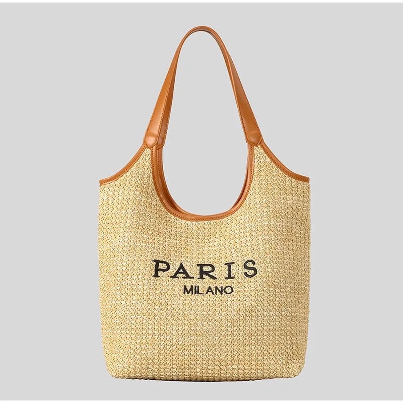 Paris Fashion Straw Tote Set - Khaki Large Capacity Bag