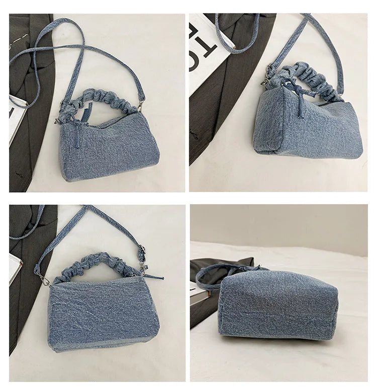 Korean Style Wrinkled Denim Crossbody - Versatile Shoulder Bag