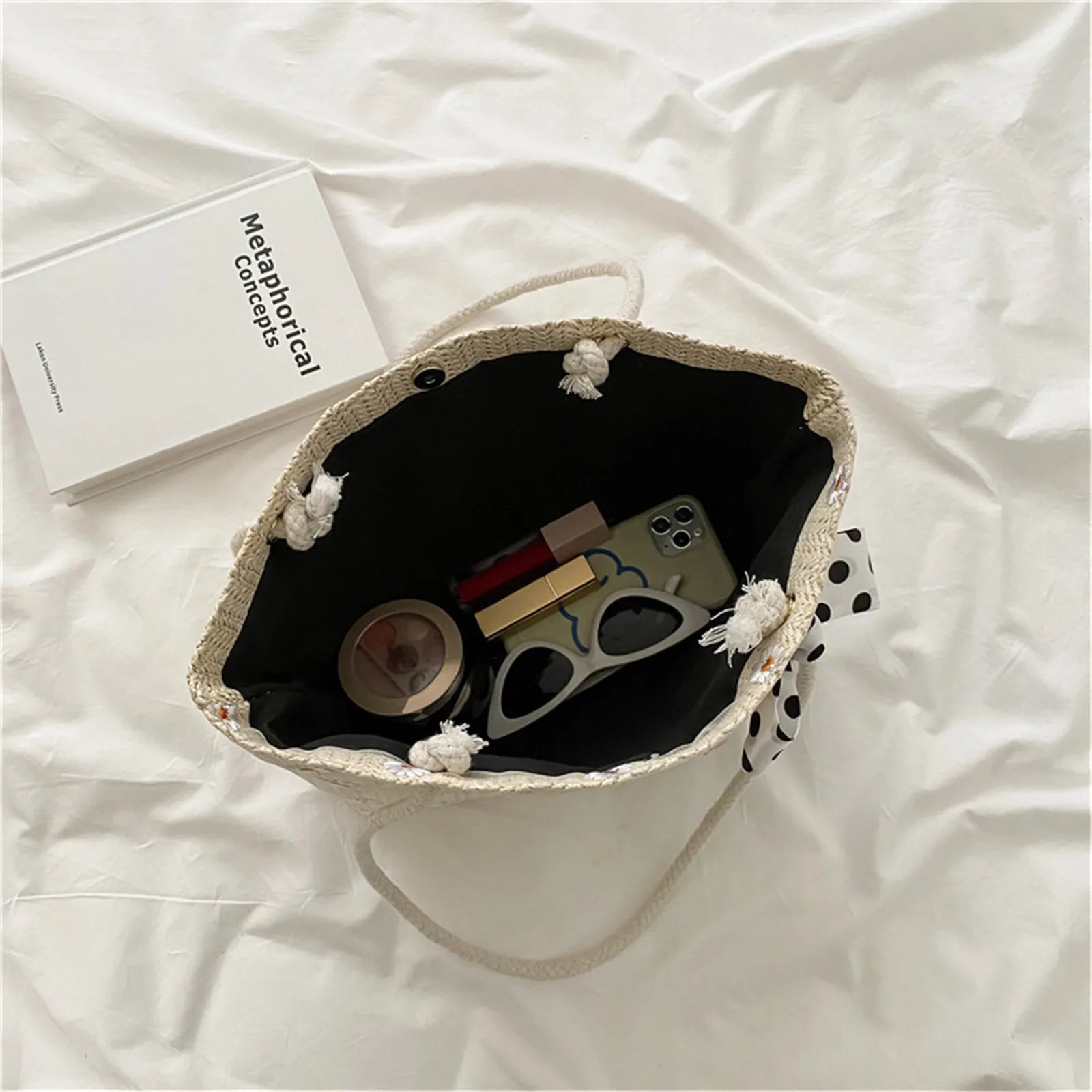 Large Capacity Straw Tote Bag with Silk Scarf Detail