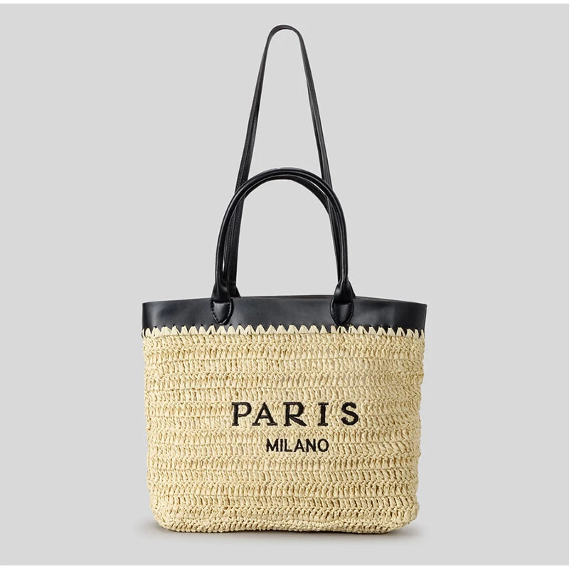 Paris Fashion Straw Tote Set - Khaki Large Capacity Bag