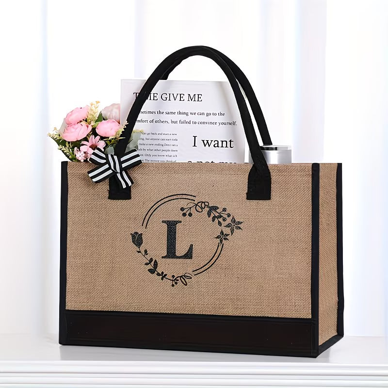 Personalized Natural Jute Tote Bag – Elegant Floral Initial Design
