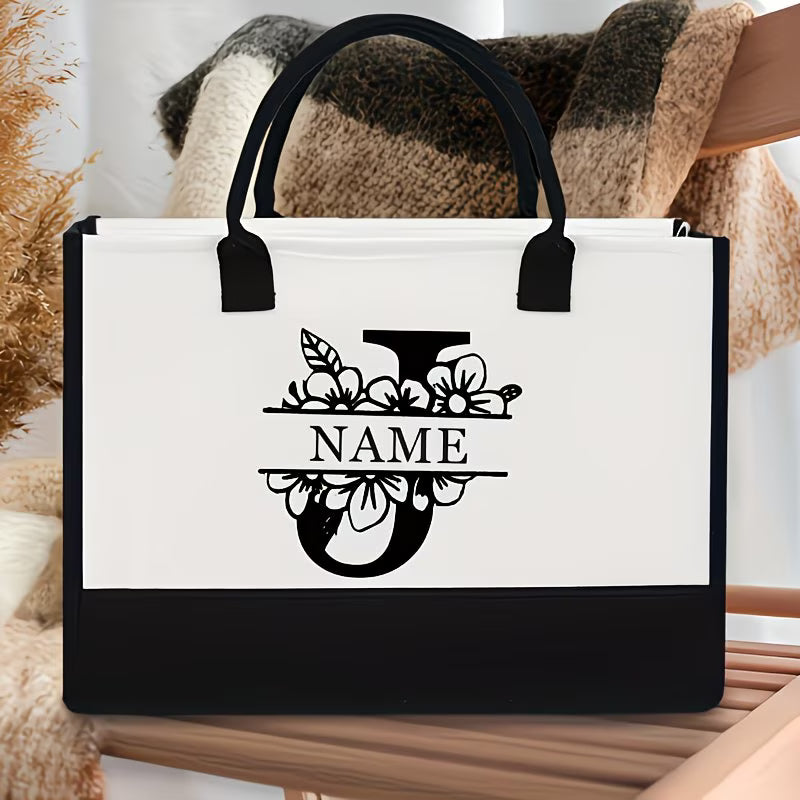Floral Alphabet A–Z Jute Tote Bag – Personalized Name Shopping Bag, Large Capacity Organizer, Perfect Gift for Bride, Sisters & Friends