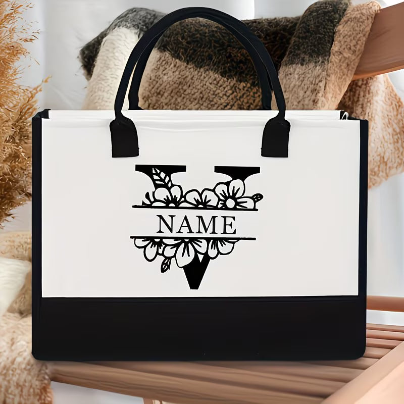 Floral Alphabet A–Z Jute Tote Bag – Personalized Name Shopping Bag, Large Capacity Organizer, Perfect Gift for Bride, Sisters & Friends