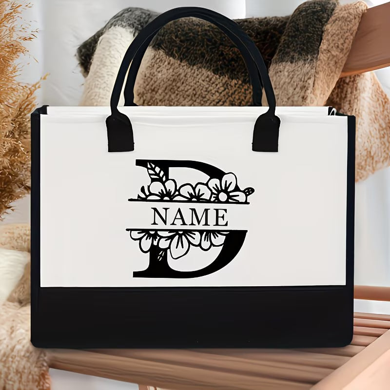 Floral Alphabet A–Z Jute Tote Bag – Personalized Name Shopping Bag, Large Capacity Organizer, Perfect Gift for Bride, Sisters & Friends