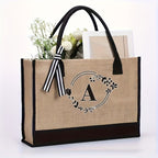 Personalized Natural Jute Tote Bag – Elegant Floral Initial Design