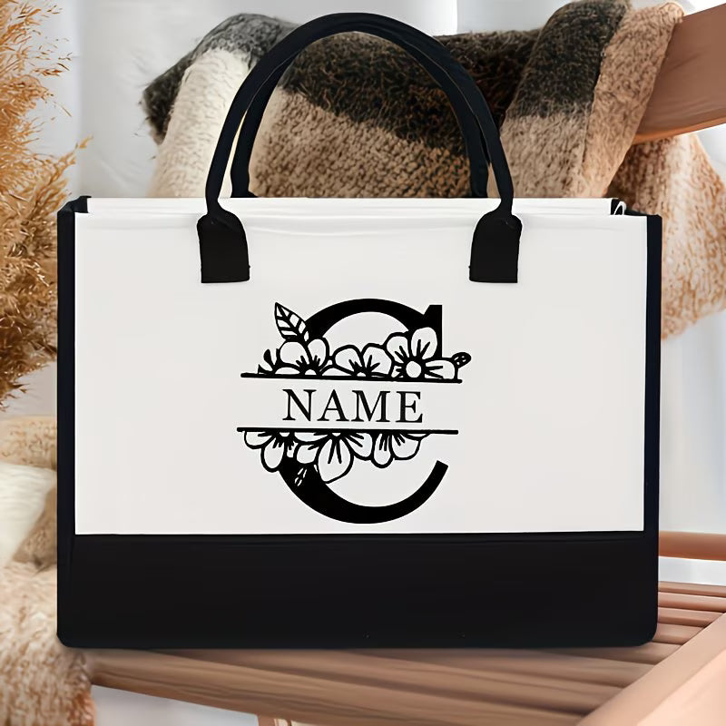 Floral Alphabet A–Z Jute Tote Bag – Personalized Name Shopping Bag, Large Capacity Organizer, Perfect Gift for Bride, Sisters & Friends