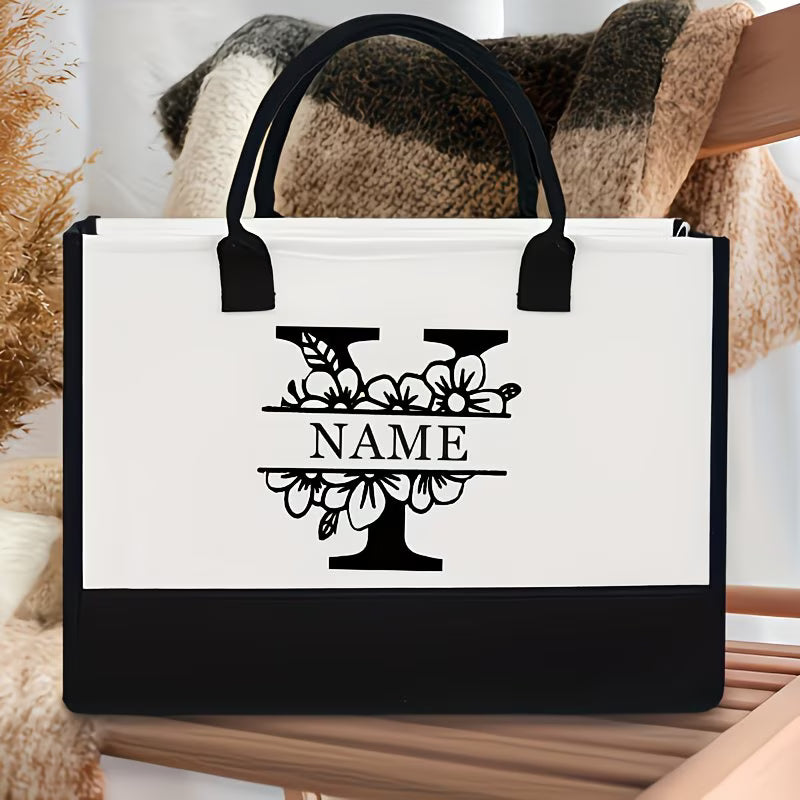Floral Alphabet A–Z Jute Tote Bag – Personalized Name Shopping Bag, Large Capacity Organizer, Perfect Gift for Bride, Sisters & Friends