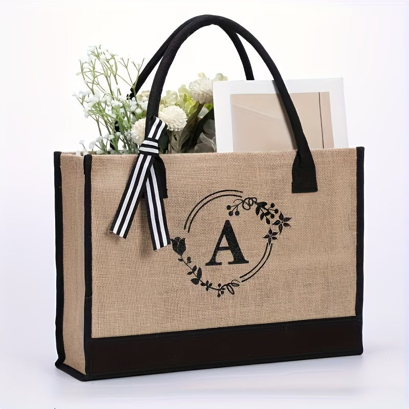 Personalized Natural Jute Tote Bag – Elegant Floral Initial Design