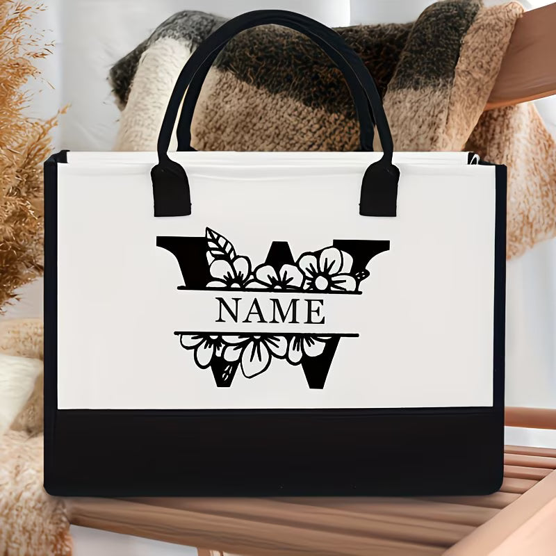 Floral Alphabet A–Z Jute Tote Bag – Personalized Name Shopping Bag, Large Capacity Organizer, Perfect Gift for Bride, Sisters & Friends