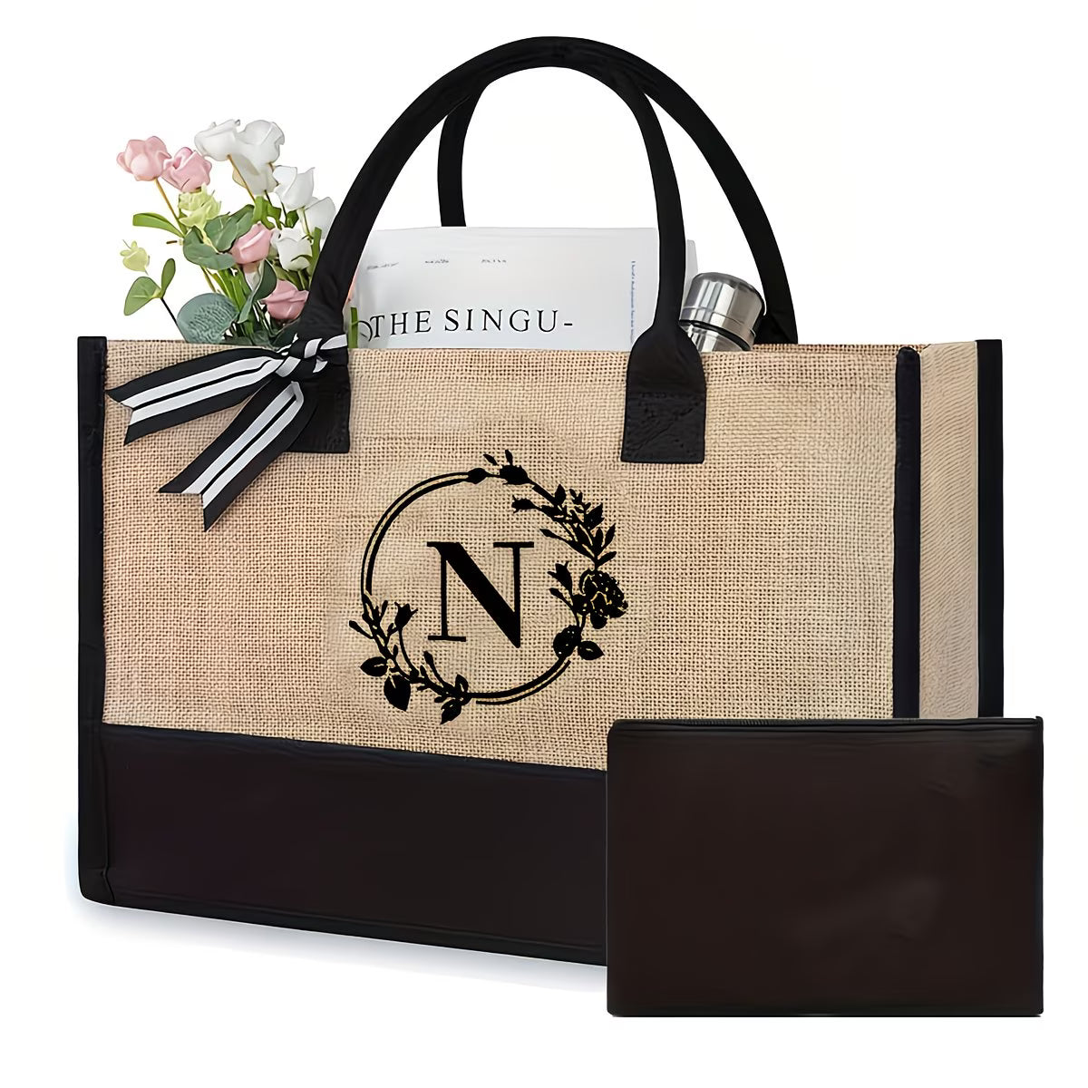 Personalized Natural Jute Tote Bag – Elegant Floral Initial Design