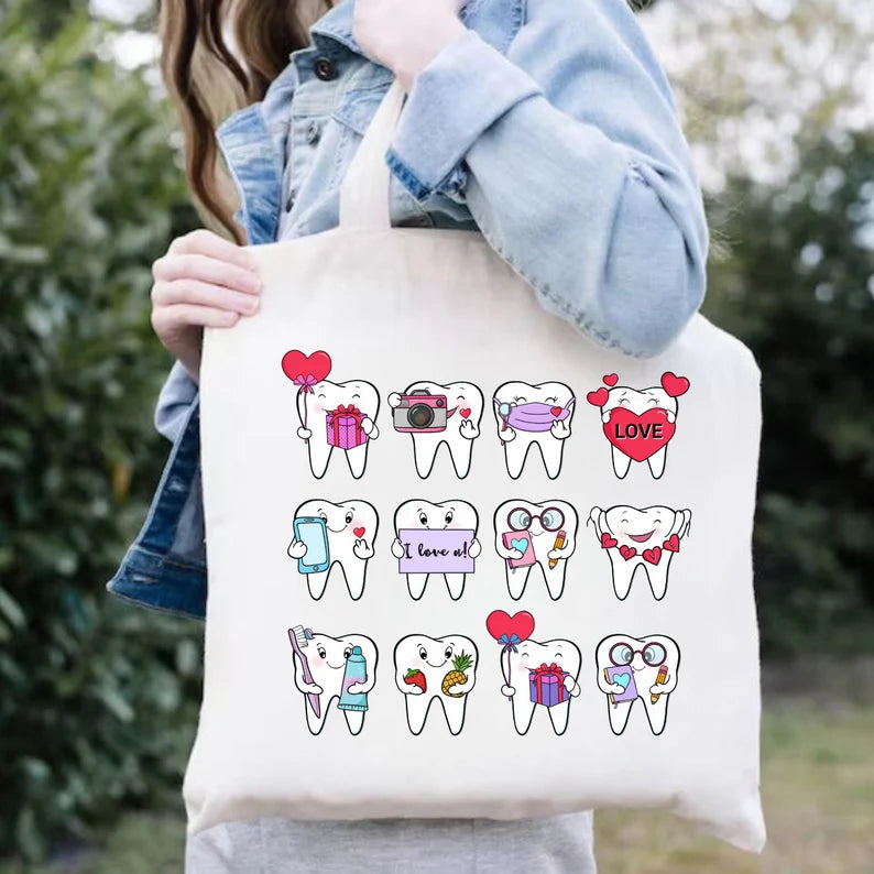 Cute Teeth Tote Bag – Funny Dentist & Dental Assistant Gift, Reusable Canvas Shopping Bag